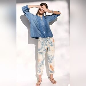 PILCRO | ANTHRO The Wanderer Orange Blue Tie Dye Darted Knee Barrel Cropped Pant